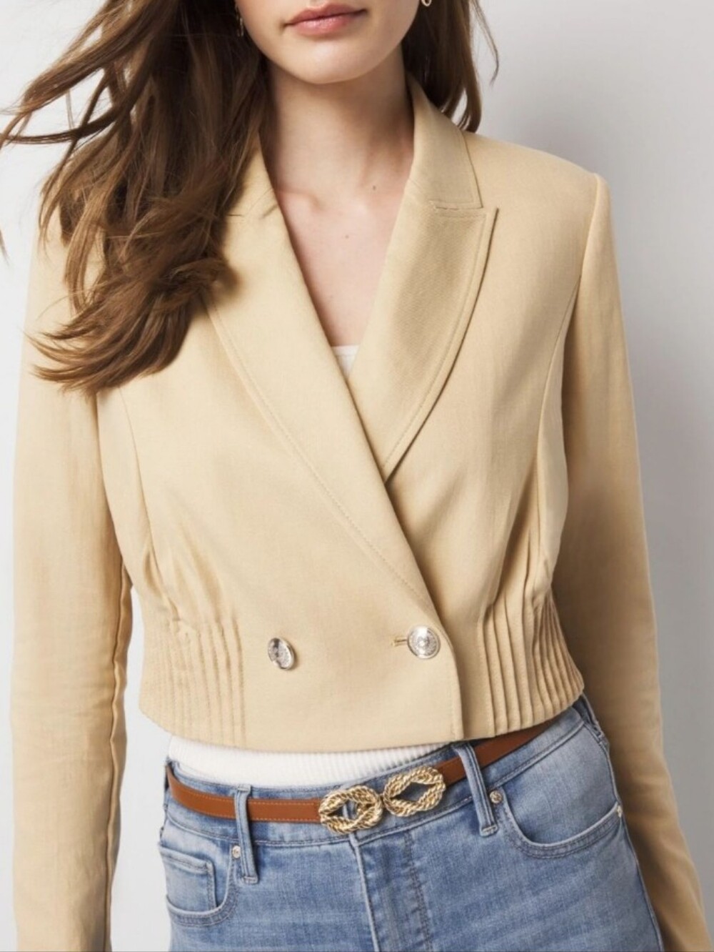 White House Black Market Tan Maize Cropped Double-Breasted Jacket Size 2